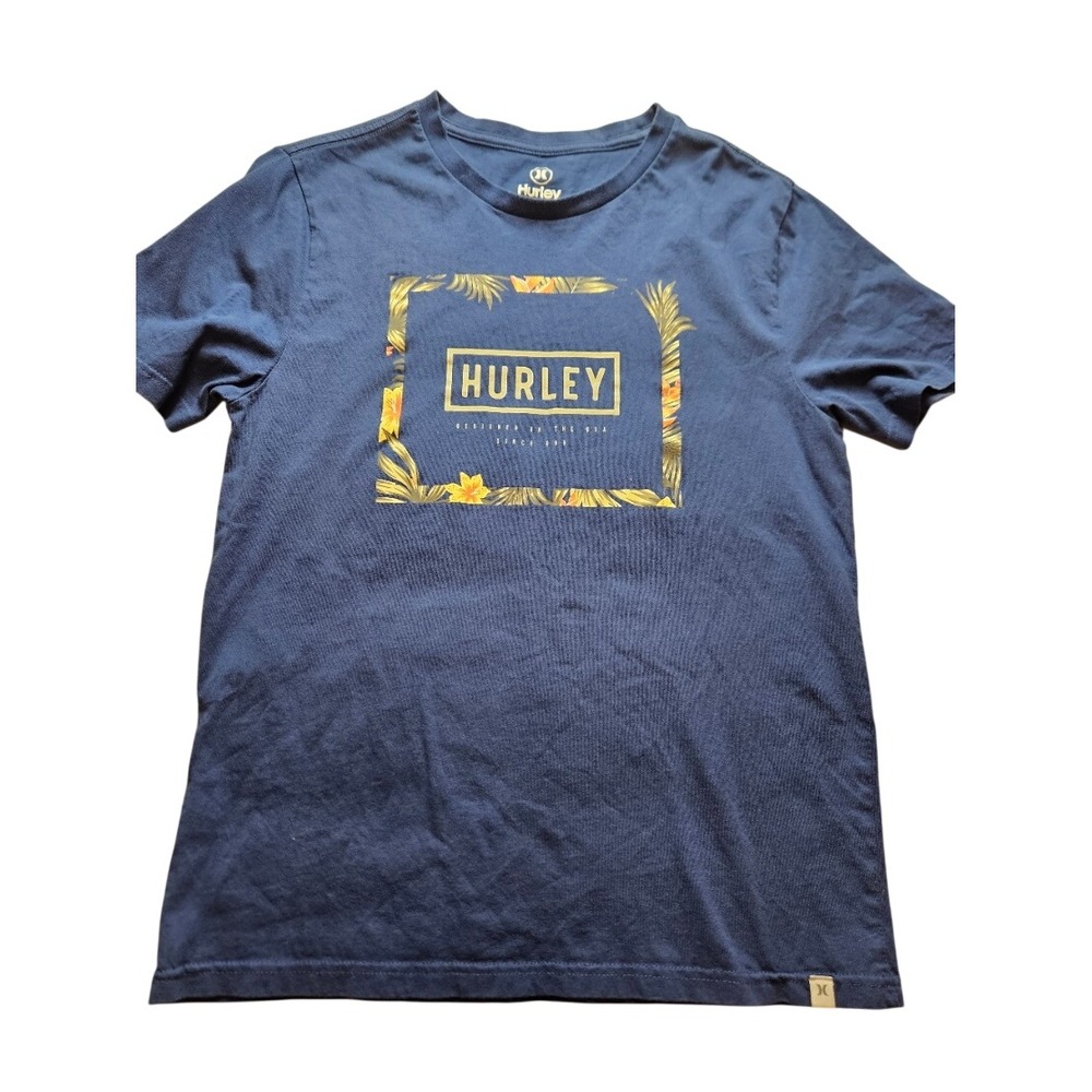 Hurley Mens Graphic T-Shirt Navy Blue Floral Box Logo Cotton Tee Size Small